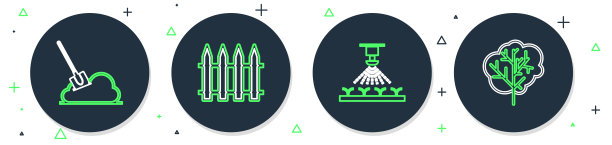 设置线花园围栏，自动喷灌洒水器，铲土机地面和树图标。向量图片下载