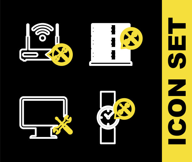 设置行数据库服务器服务，腕表，电脑显示器和路由器wi-fi图标。向量图片下载