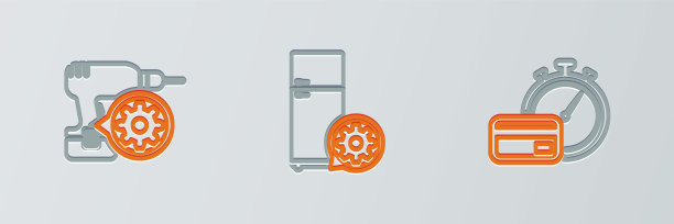 设置线路快速支付，钻孔机设置和冰箱图标。向量图片下载