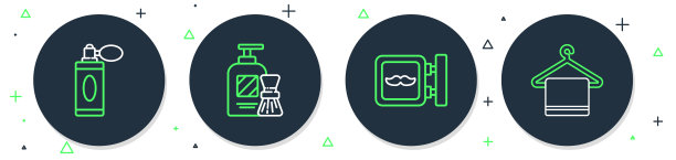 剃须啫喱泡沫和刷子，理发店，须后水瓶子带雾化器和毛巾挂在衣架图标上。向量图片下载