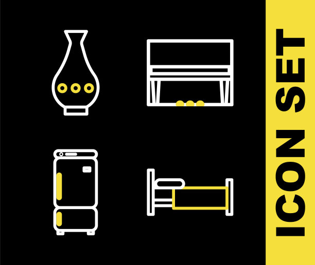 设置线三角钢琴，床，冰箱和花瓶图标。向量图片下载