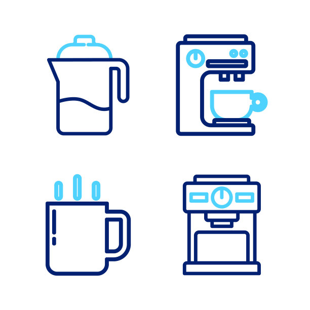 设置线咖啡机，杯子，和法国按图标。向量图片下载