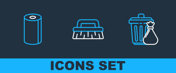 设置直线垃圾桶、垃圾袋、纸巾卷、清洁刷图标。向量图片下载