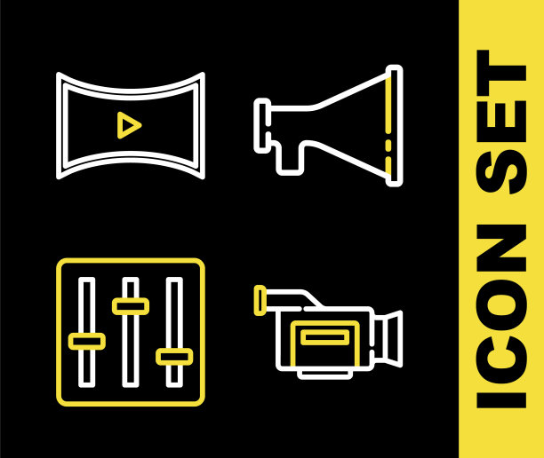 设置线路扩音器，电影摄像机，声音混音控制器和在线播放视频图标。向量图片下载