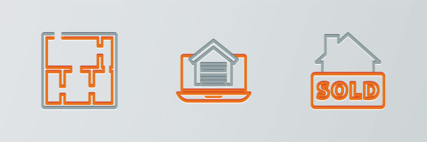 设置线悬挂标志与文字出售，房子计划和网上房地产房子图标。向量图片下载