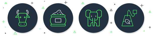 设置线印度香料，大象，牛和茶袋图标。向量图片下载