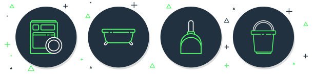 设置线浴缸，畚箕，厨房洗碗机和桶图标。向量图片下载