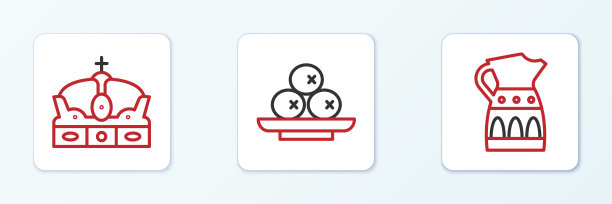 设定线桑格里亚汽酒罐，西班牙王冠和橄榄的盘子图标。向量图片下载