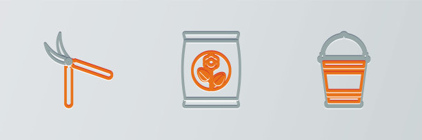 设置线种植树在地上，园艺手工剪刀和肥料袋图标。向量图片下载