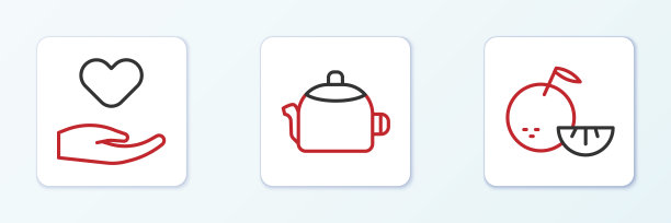 设置线柑桔水果，心在手上和水壶与手柄图标。向量图片下载