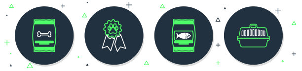 设置宠物奖励标志，猫粮袋，宠物和手提箱图标。向量图片下载