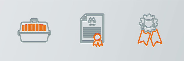 设置猫奖标志，宠物提箱和证书的狗或猫的图标。向量图片下载