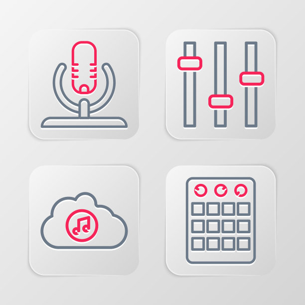 设置线鼓机，音乐流媒体服务，均衡器和麦克风图标。向量图片下载