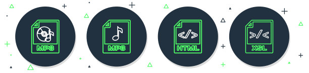 设置行MP3文件文档，HTML，和XSL图标。向量图片下载