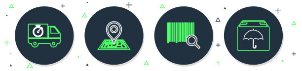 在地图上设置线路占位符，搜索条形码，送货卡车和秒表，以及带伞图标的包裹。向量图片下载