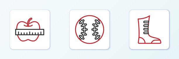 设置线运动拳击鞋，苹果和卷尺和棒球球图标。向量图片下载