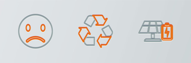 太阳能电池板和电池、悲伤的微笑和回收标志图片下载