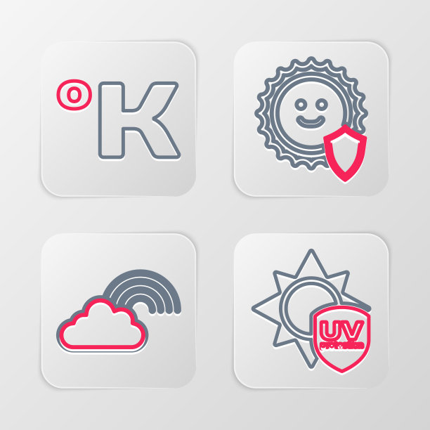 设置线防紫外线，彩虹与云，开尔文图标。向量图片下载