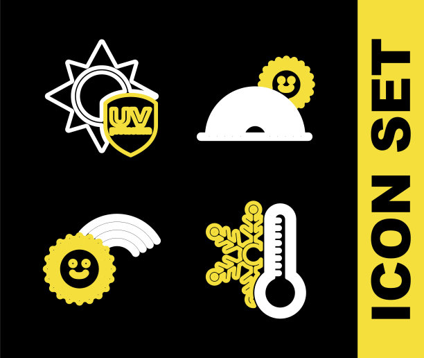 设置彩虹线与太阳，温度计雪花，和紫外线保护图标。向量图片下载