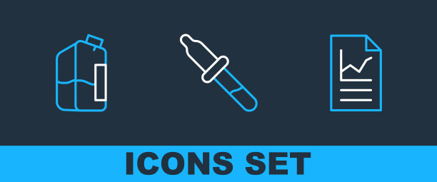 设置线条文件与图形图表，打印机墨水瓶和移液器图标。向量图片下载