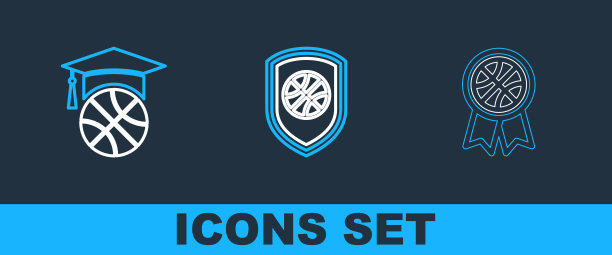 设置线篮球奖牌，和体育商店和篮球图标。向量图片下载