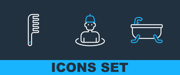 在桑拿图标中设置浴缸、梳子和男人。向量图片下载