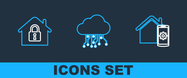 设有智能家居远程控制系统、家居保护及物联网图标。向量图片下载