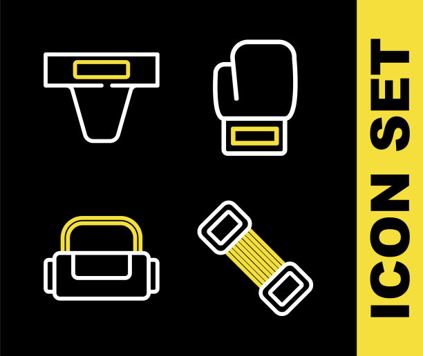 设置线拳击手套，扩胸器，运动包和腹股沟守卫图标。向量图片下载