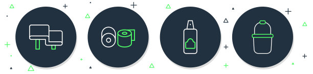 设有厕纸卷、发胶喷雾罐、桑拿木凳、水桶图标。向量图片下载