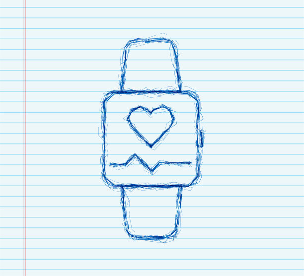 智能手表跳动心脏。健身手环，速写脉搏计。向量股票插图图片下载