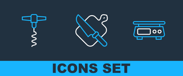 集电子秤、葡萄酒开瓶器、切菜板、刀图标于一体。向量图片下载