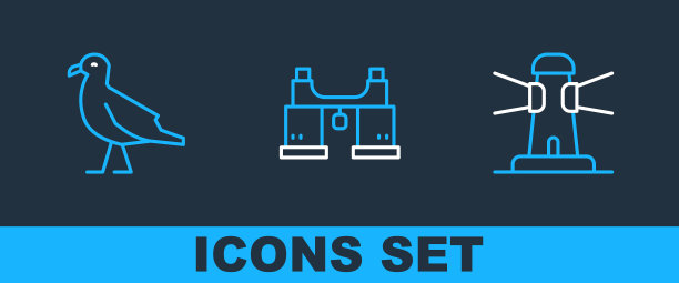 设置线灯塔，海鸥和望远镜图标。向量图片下载