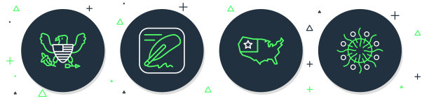 设置线独立宣言，美国地图，鹰和烟花图标。向量图片下载