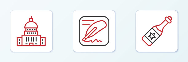 设有香槟瓶、白宫和独立宣言的图标。向量图片下载