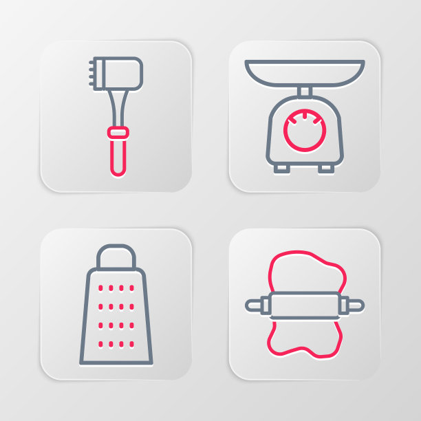 在面团、刨丝器、天平和厨房锤子图标上设置线擀面杖。向量图片下载