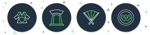 设置了韩国门、传统扇子、和服和韩国币图标。向量图片下载