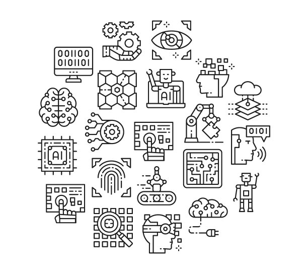 人工智能线路图标设置。机器人，聊天机器人，数据库，大数据图标在白色背景上孤立成一个圈。图片下载