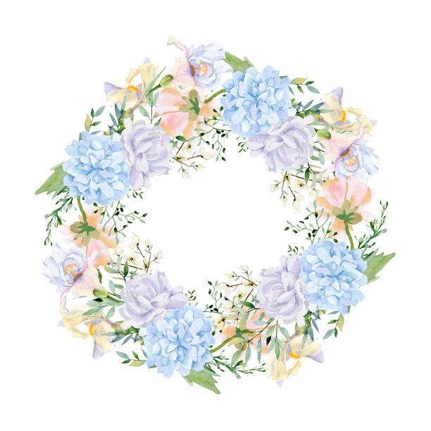 水彩花圆形花环粉红色紫色的花，野花，叶子，鸢尾，玫瑰，牡丹，aster为结婚卡片。手绘的植物横幅贺卡，婴儿淋浴，派对卡图片下载