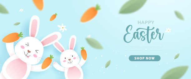 可爱的兔子或兔子，复活节彩蛋，胡萝卜和节日的元素在蓝色的天空剪纸风格快乐的复活节。矢量图图片下载