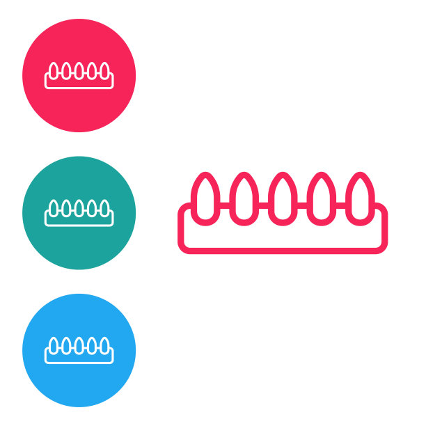 在白色背景上隔离的美甲图标的假指甲设置。指甲油颜色调色板用于指甲延伸。人工指甲。在圆形按钮中设置图标。向量图片下载