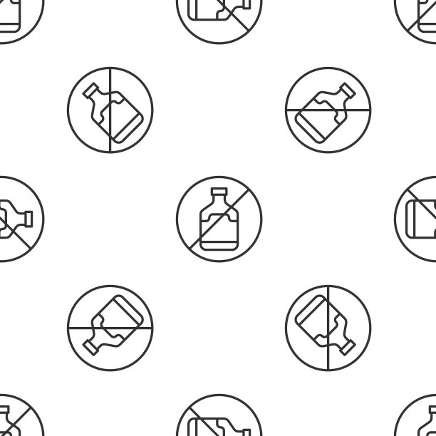 灰线无酒精图标孤立无缝模式上的白色背景。禁止酒精饮料。禁止用啤酒瓶玻璃。向量图片下载