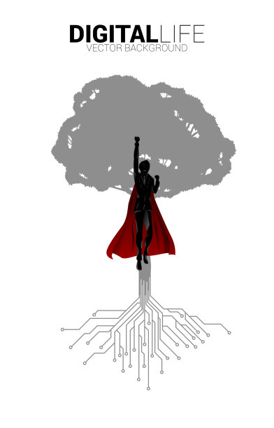 超级英雄的轮廓飞与树从数字线路连接点电路板风格。数字化转型的背景概念。图片下载