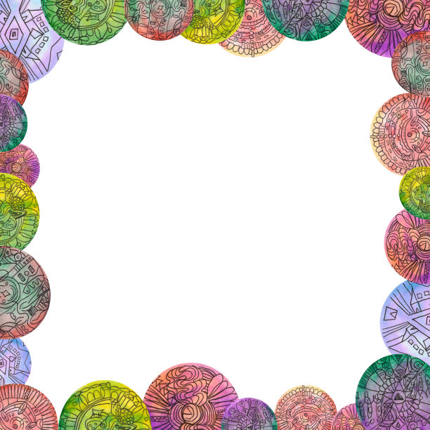 圆形曼荼罗的水彩框架，与梯度效果和符号，在白色背景为您的设计图片下载