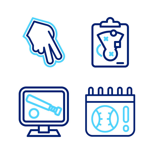 设置线日历与棒球游戏，监视器，计划策略和棒球手套图标。向量图片下载