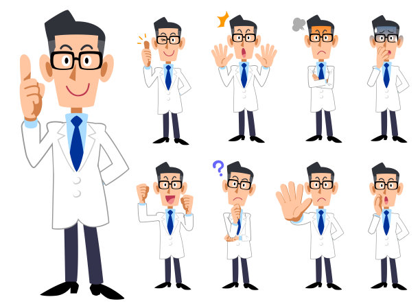 全身图:一个穿白大褂的男人9种姿势图片下载