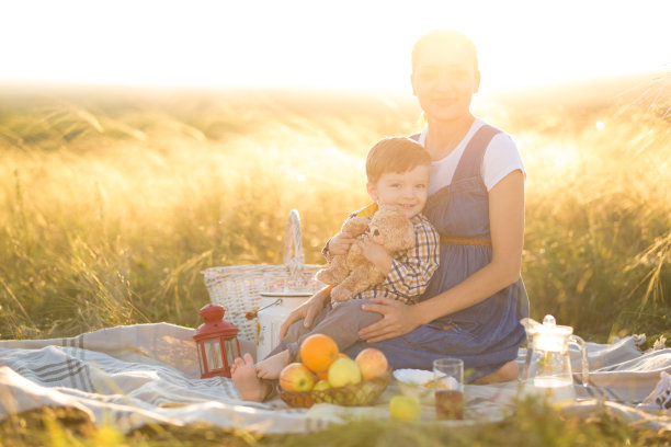 可爱的小男孩和他美丽的怀孕妈妈在野餐图片下载