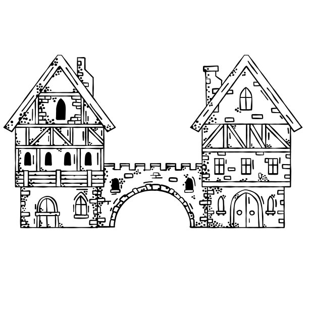 有门和桥的中世纪古城。欧洲卡通城市。童话城堡。木制的德国房屋和街道。图片下载