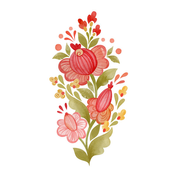 民间花束。在白色背景上绘制水彩。图片下载