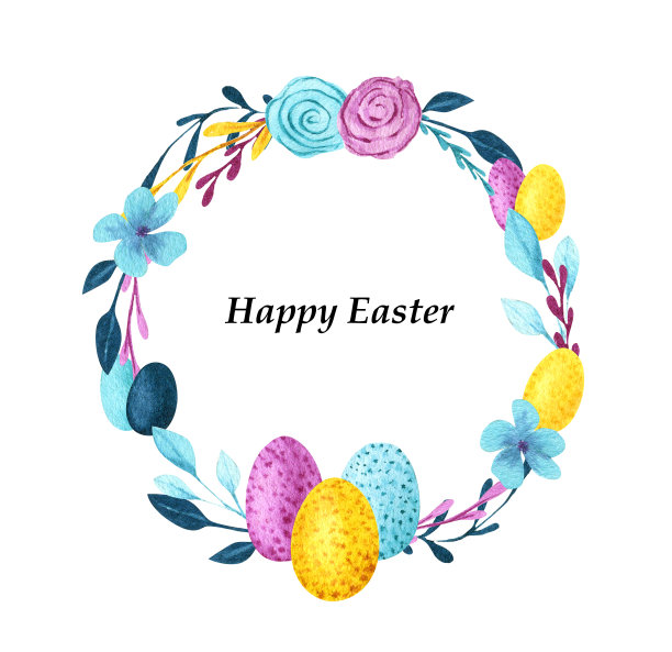 带有自然质朴元素的水彩复活节花环。装饰圆形框架与鸡蛋，花和树枝图片下载