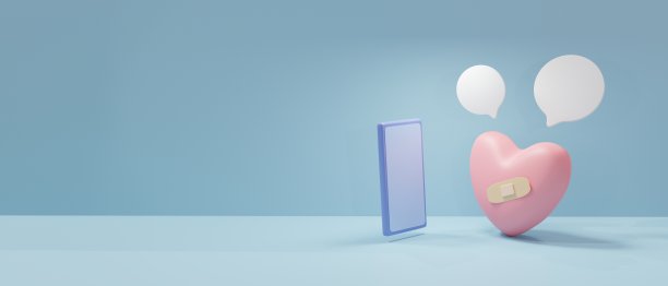 3 d渲染。受伤的心图标和智能手机。在线咨询和咨询的概念。精神障碍和精神疾病。浅蓝色横旗图片下载
